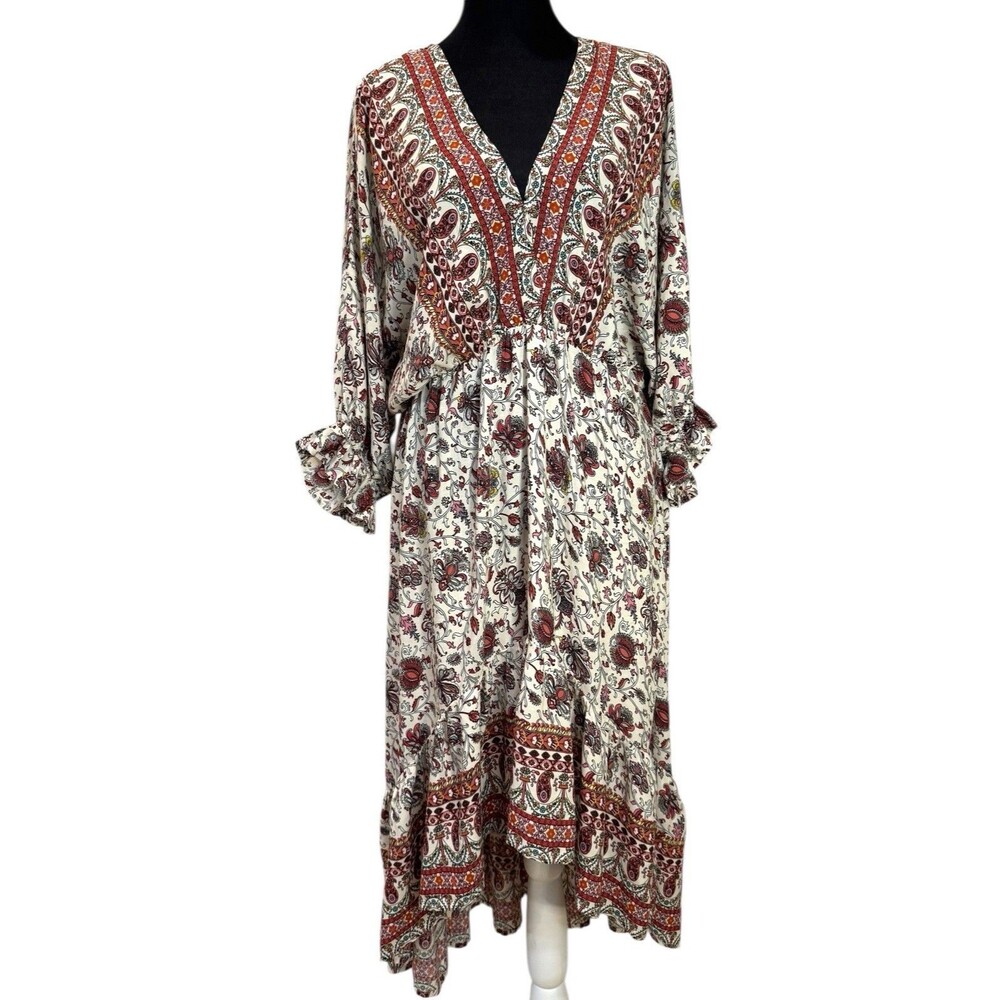 Umgee Womens Boho High-Low Midi Dress V-Neck Kimono Sleeves Ivory Paisley Size M